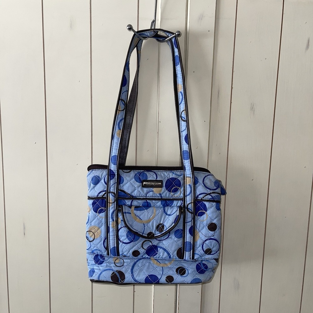 Longaberger blue dot fabric & leather shoulder bag/satchel 2 handles Lightweight - Picture 2 of 10